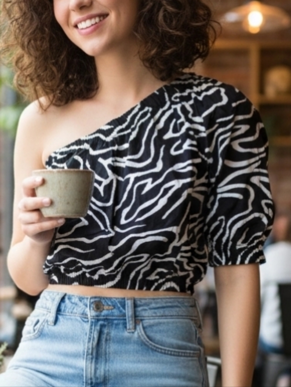 Rails Black and White One-Shoulder Crop Top